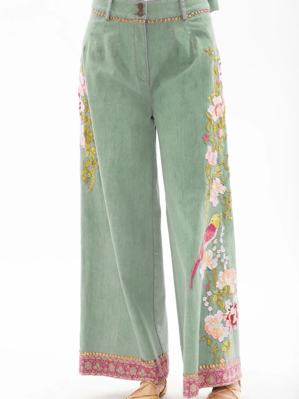 Embroidered Wide-Leg Green Pants with Floral & Bird Detail - Picture 2 of 9